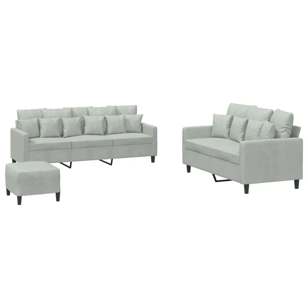 3 Piece Sofa Set Grey Velvet Lounge Couch with Cushions Footstool Living Room