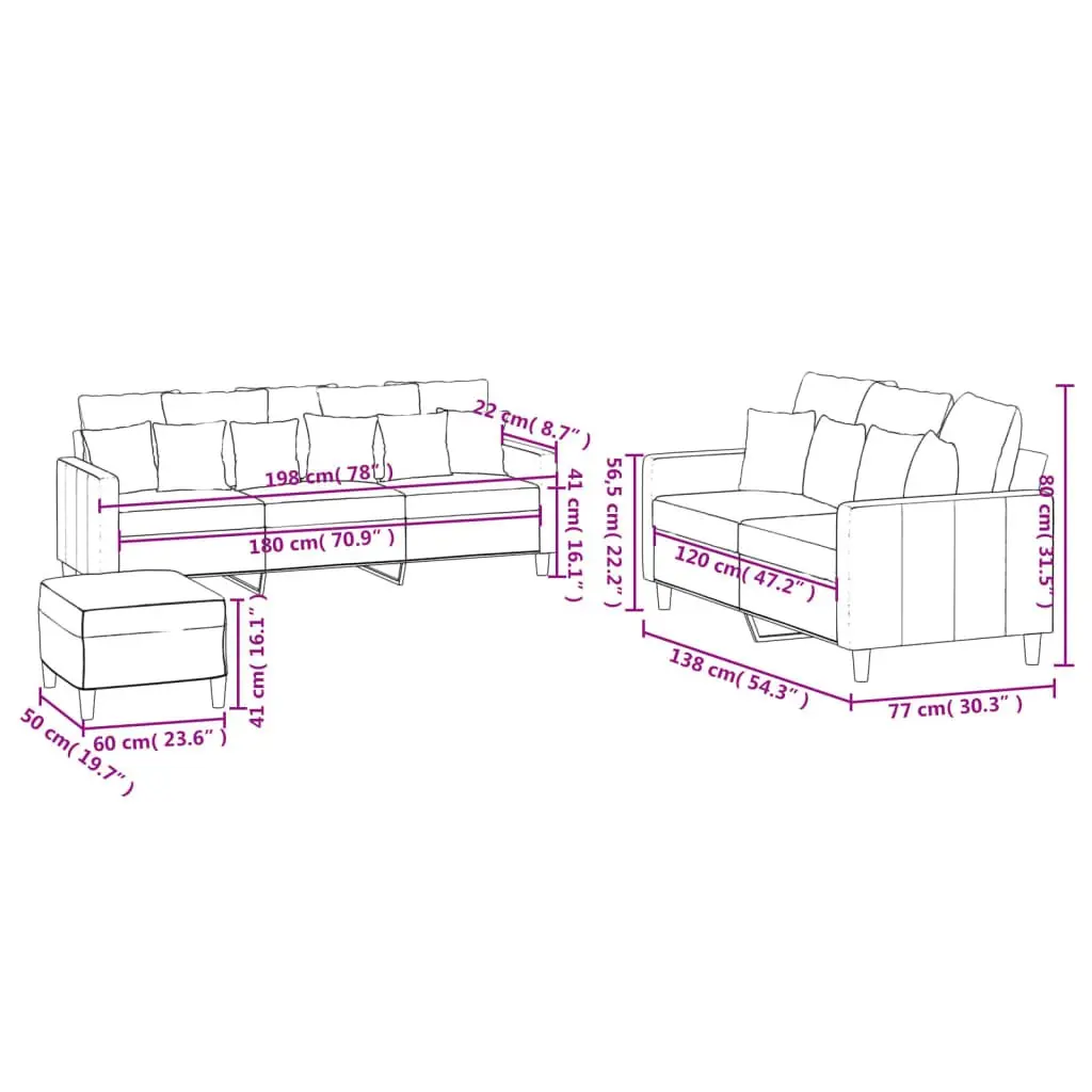 3 Piece Sofa Set Grey Velvet Lounge Couch with Cushions Footstool Living Room