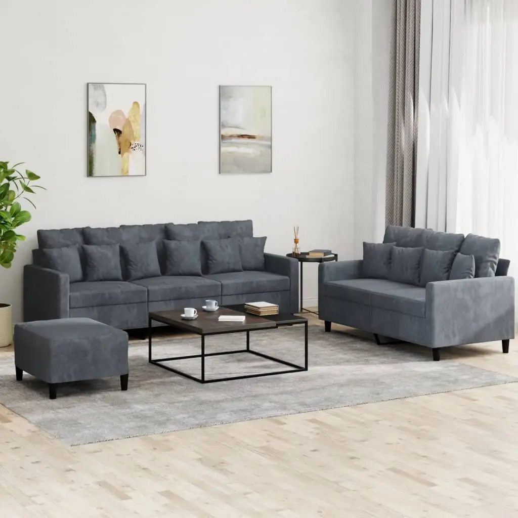 3 Piece Sofa Set Grey Velvet Lounge Suite with Footstool Living Room Furniture