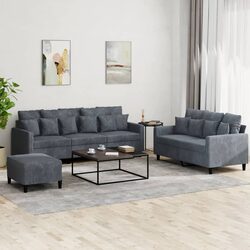 3 Piece Sofa Set Grey Velvet Lounge Suite with Footstool Living Room Furniture