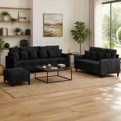 Cozy Black Velvet 3 Piece Sofa Set with Footstool