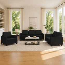 3-Piece Black Faux Leather Sofa Set with Cushions