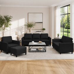 Warm Black Faux Leather 4 Piece Sofa Set with Cushions