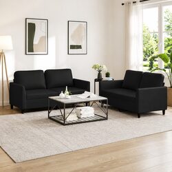 Comfortable 2 Piece Black Faux Leather Sofa Set