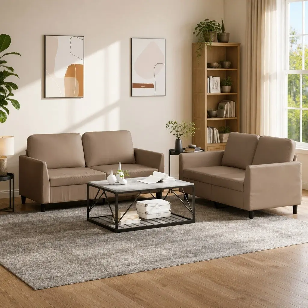 Brown Faux Leather Cushioned Sofa Set 2 Piece Lounge Suite