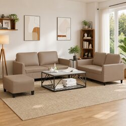3 Piece Sofa Set with Footstool in Brown Faux Leather