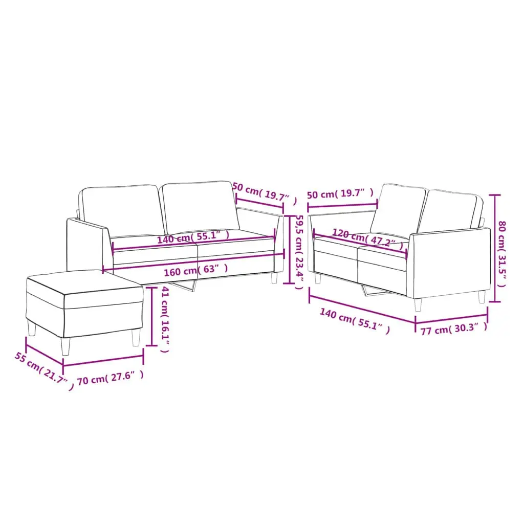 3 Piece Sofa Set Brown Faux Leather Living Room Furniture