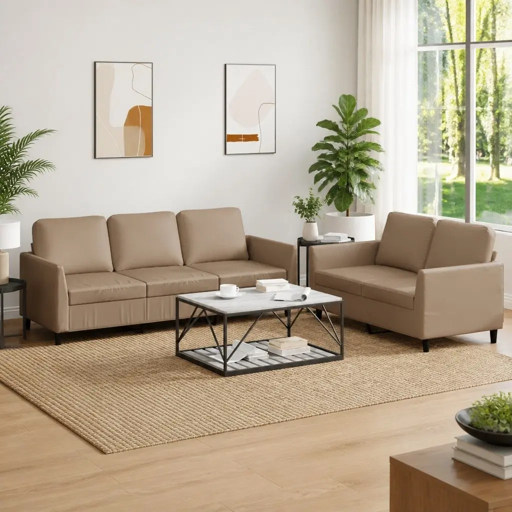 2 Piece Sofa Set Brown Faux Leather Upholstery Plywood and Metal Frame