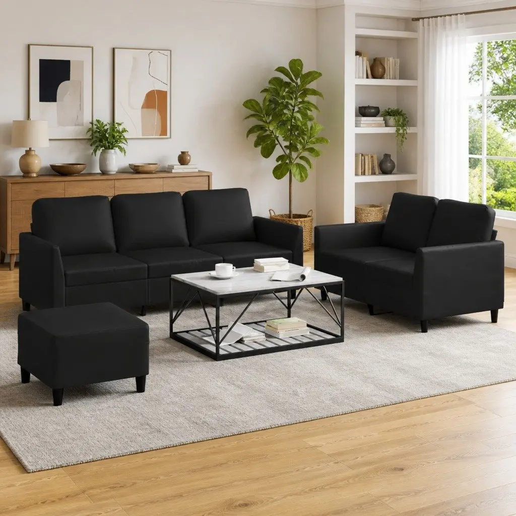 3 Piece Sofa Set Black Faux Leather Compact Living Room