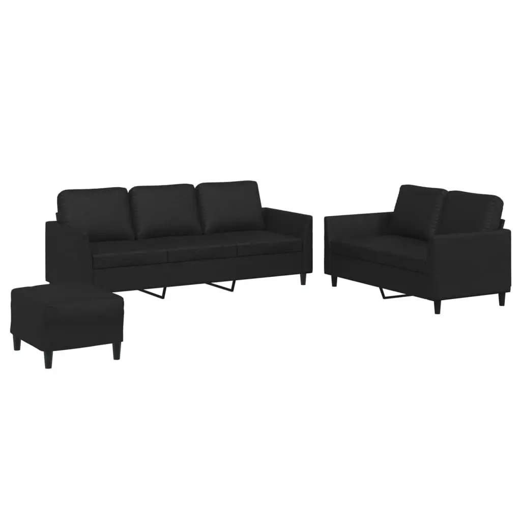 3 Piece Sofa Set Black Faux Leather Compact Living Room