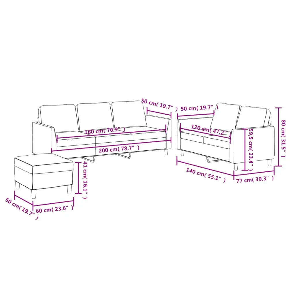 3 Piece Sofa Set Black Faux Leather Compact Living Room