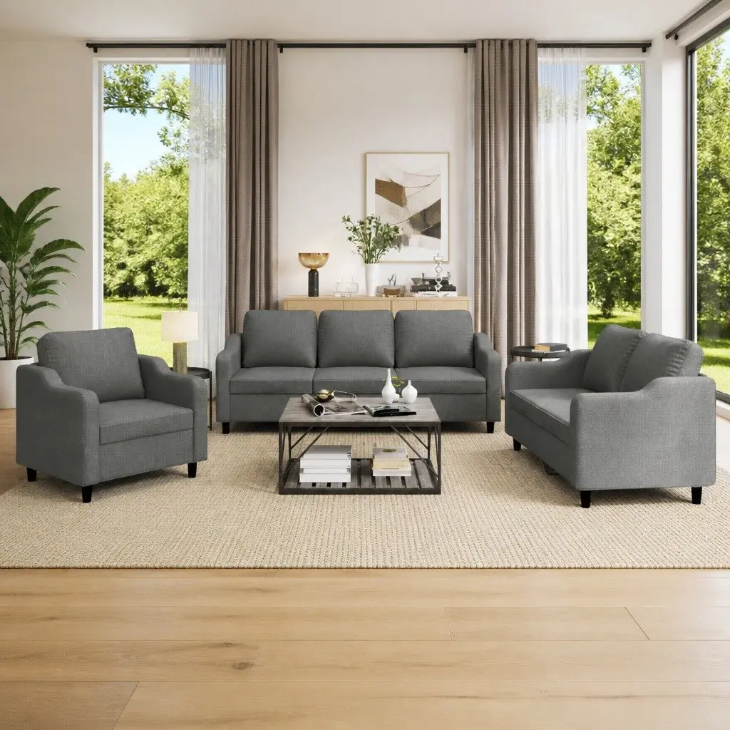 3 Piece Sofa Set Grey Fabric Living Room Furniture