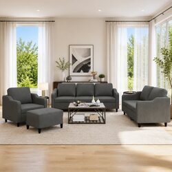 4 Piece Grey Fabric Sofa Set with Cushions and Footstool
