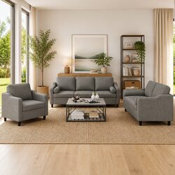 Comfortable 3 Piece Grey Fabric Sofa Set