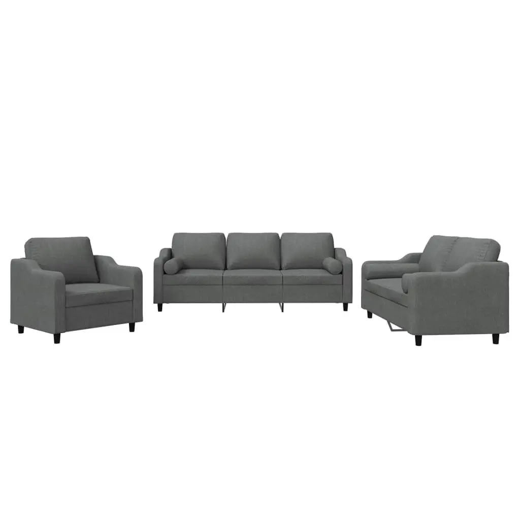 3 Piece Sofa Set Grey Fabric Couch Plywood and Metal Frame
