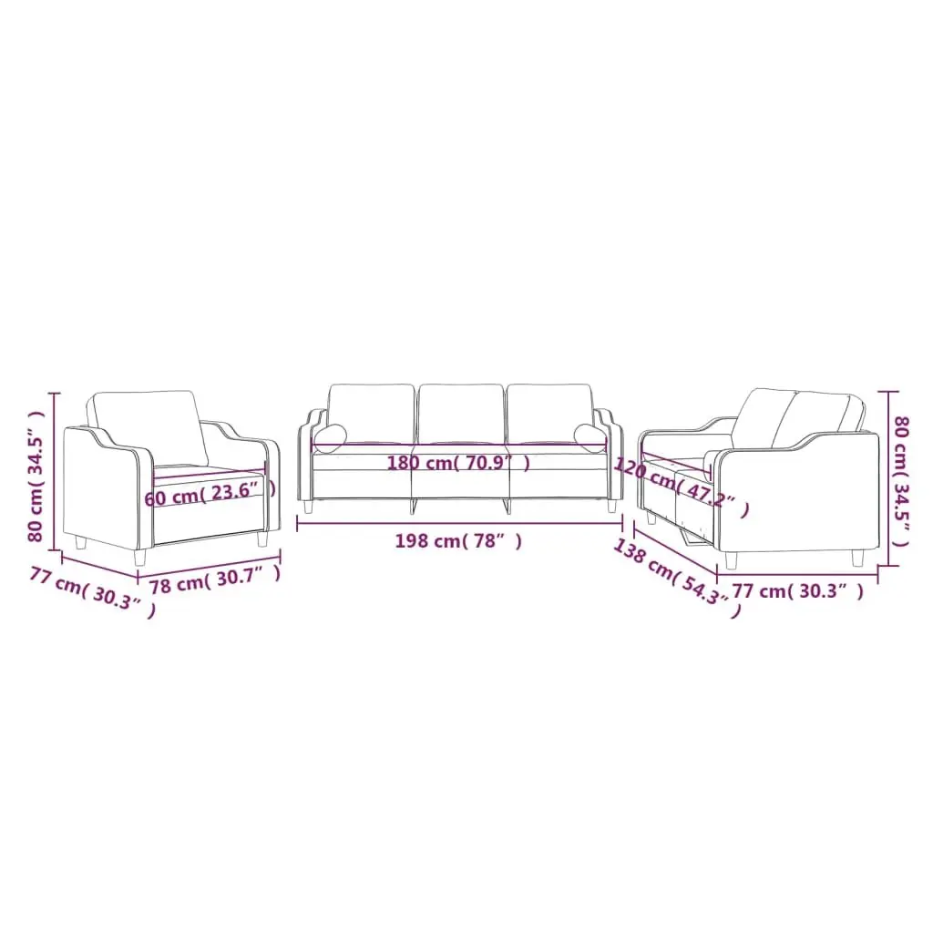 3 Piece Sofa Set Grey Fabric Couch Plywood and Metal Frame