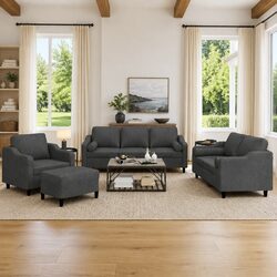 Grey Fabric 4 Piece Lounge Sofa Set with Footstool