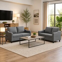 Grey Fabric 2 Piece Lounge Sofa Set with Cushioned Armchairs