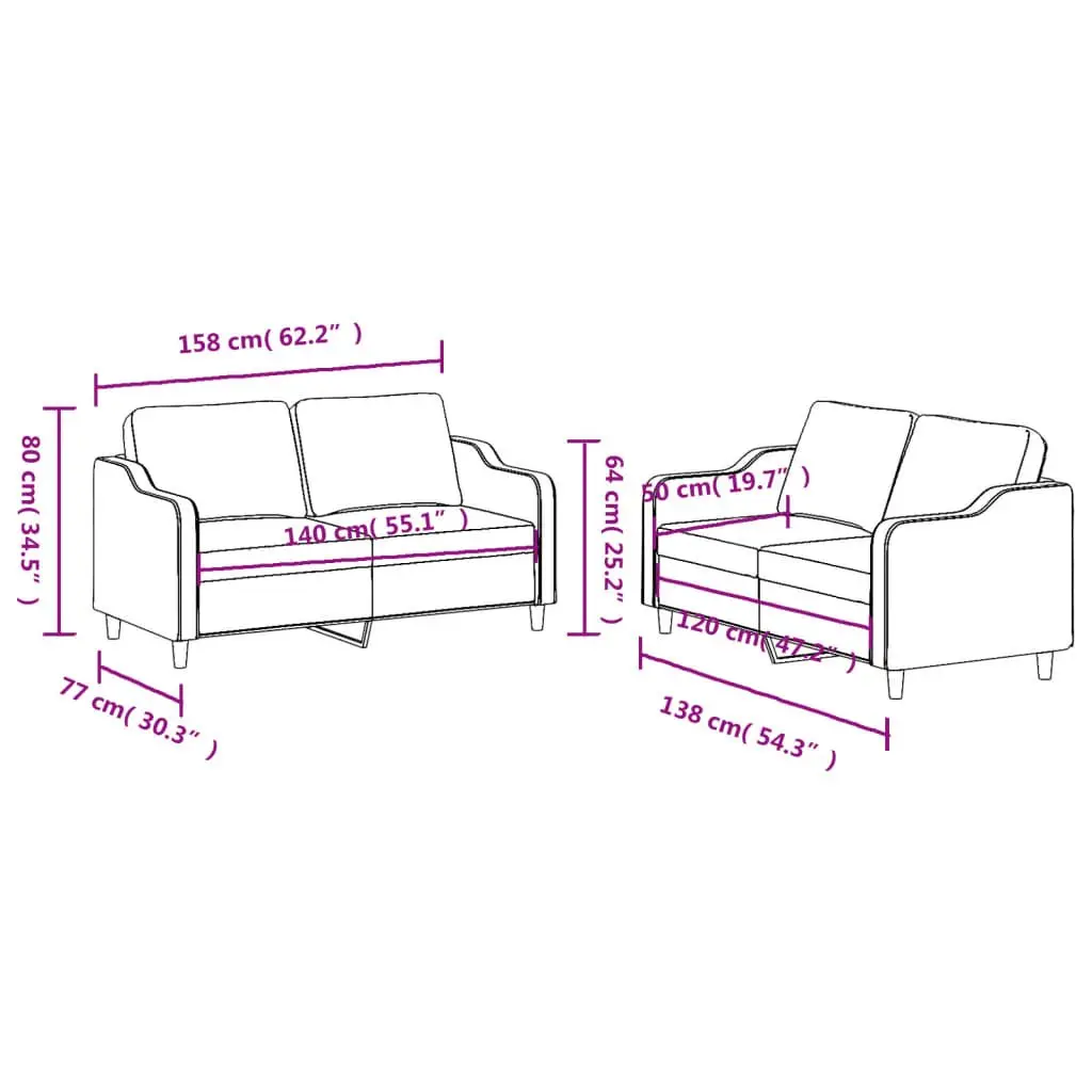 Sofa Set Grey Fabric 2 Piece Lounge Suite Cushioned Armchairs