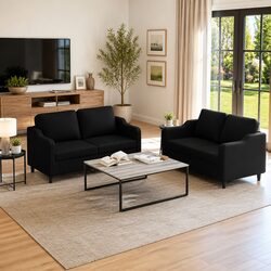Cozy Black Fabric Sofa Set with Cushions for Living Room
