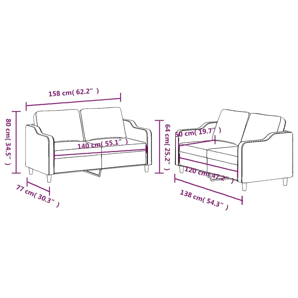 Sofa Set Black Fabric 2 Piece Lounge Suite Plywood and Metal Frame