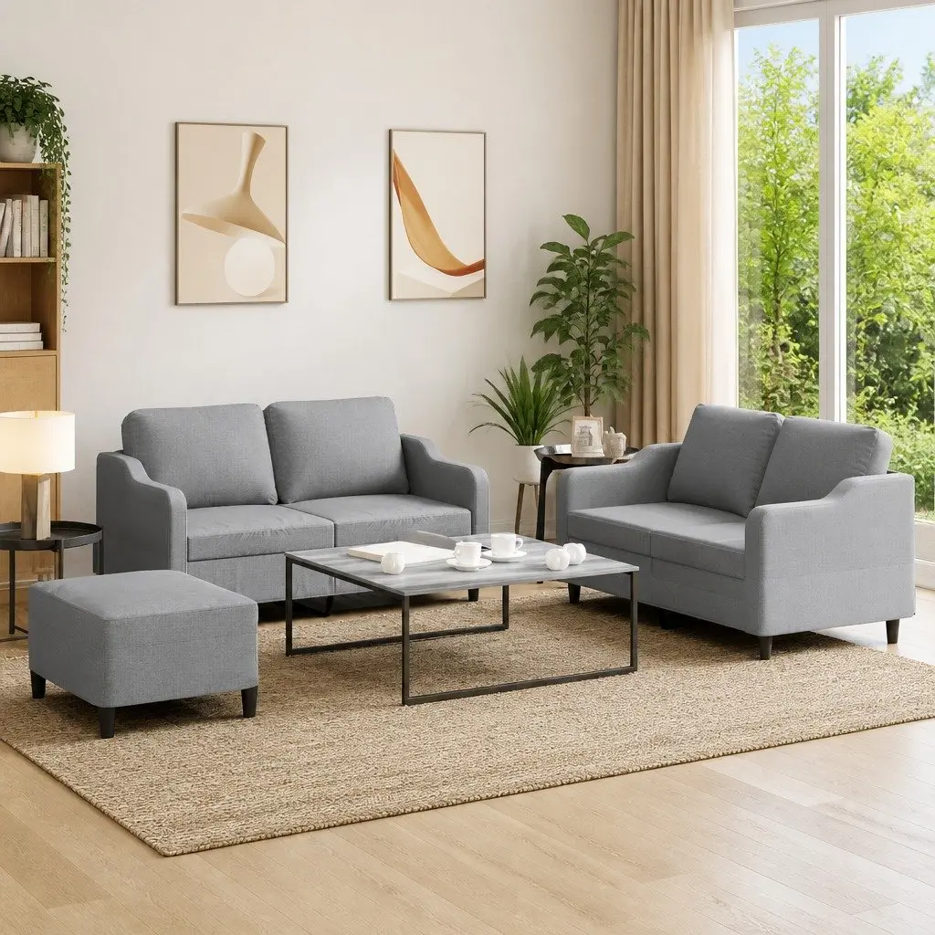 Grey Fabric Lounge Sofa Set 3 Piece with Cushions and Footstool for Compact Living Spaces