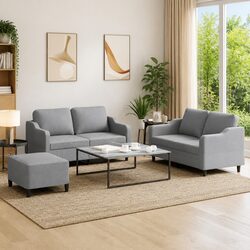 3 Piece Light Grey Sofa Set with Cushions and Footstool