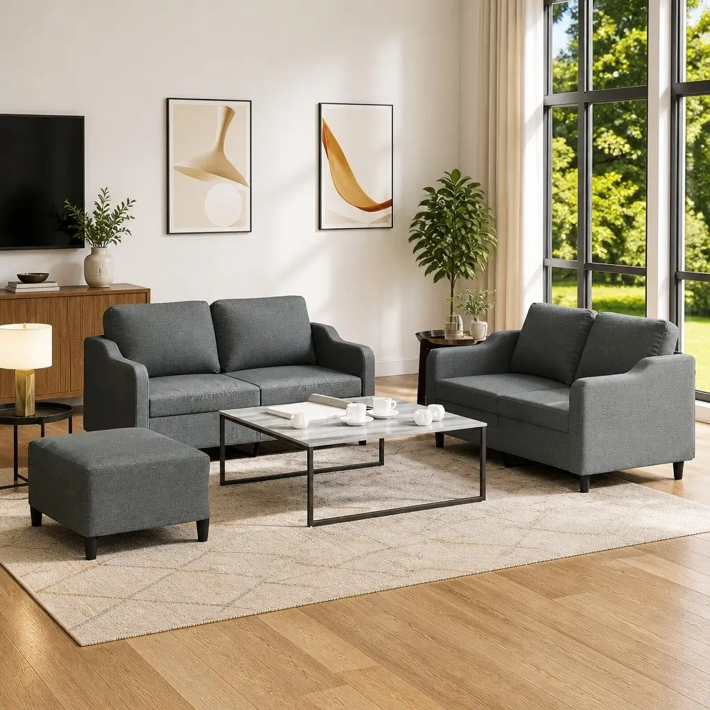 3 Piece Grey Fabric Sofa Set with Cushions and Footstool