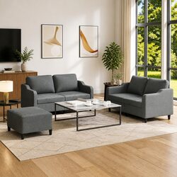 Grey Fabric 3-Piece Sofa Set with Footstool