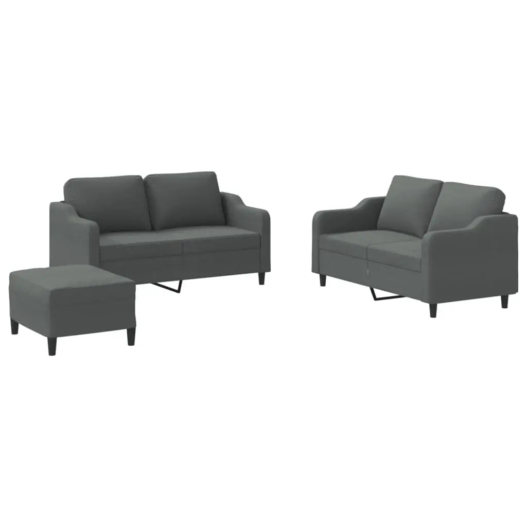 3 Piece Grey Fabric Sofa Set with Cushions and Footstool