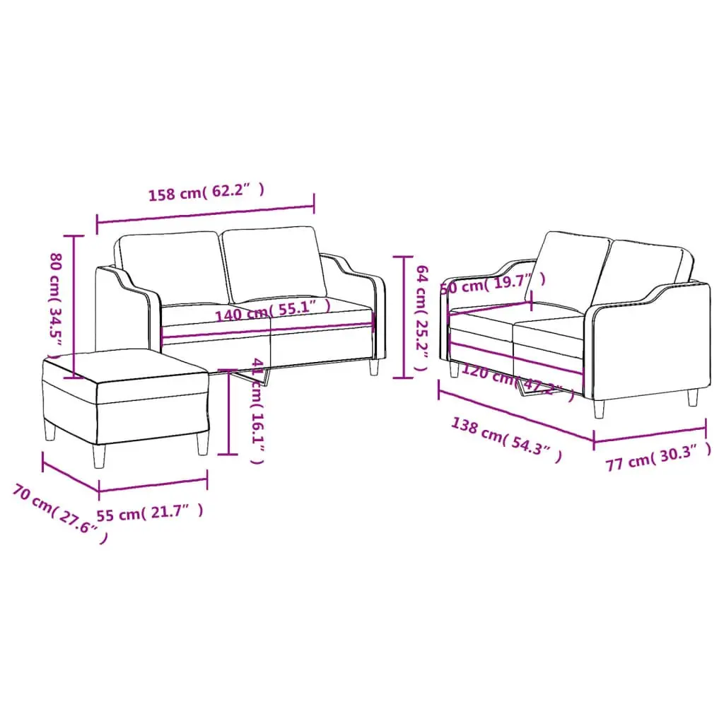 3 Piece Grey Fabric Sofa Set with Cushions and Footstool