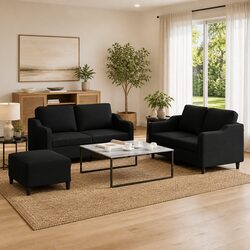 Cozy 3 Piece Black Fabric Sofa Set with Footstool