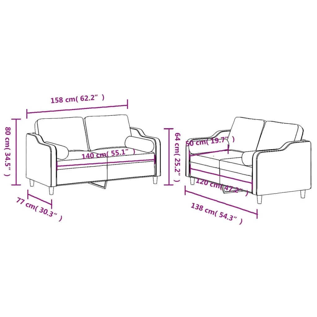 2 Piece Sofa Set Black Fabric Living Room Couch Plywood and Metal Frame