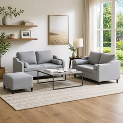3 Piece Grey Fabric Sofa Set with Pillows and Footstool