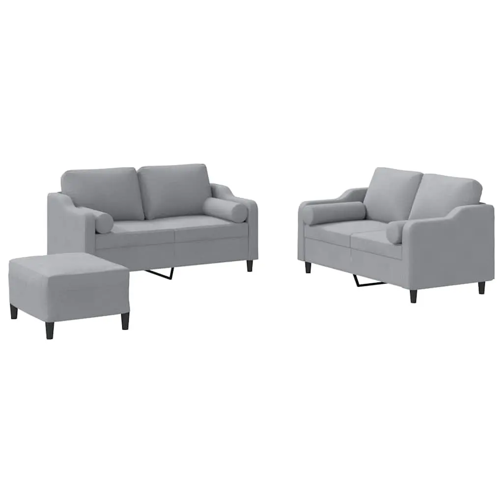 Sofa Set Grey Fabric 3 Piece Living Room Lounge with Pillows and Footstool