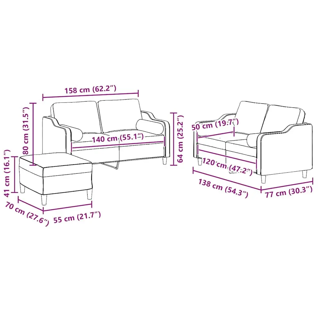Sofa Set Grey Fabric 3 Piece Living Room Lounge with Pillows and Footstool