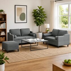 Grey Fabric 3 Piece Sofa Set with Footstool and Pillows