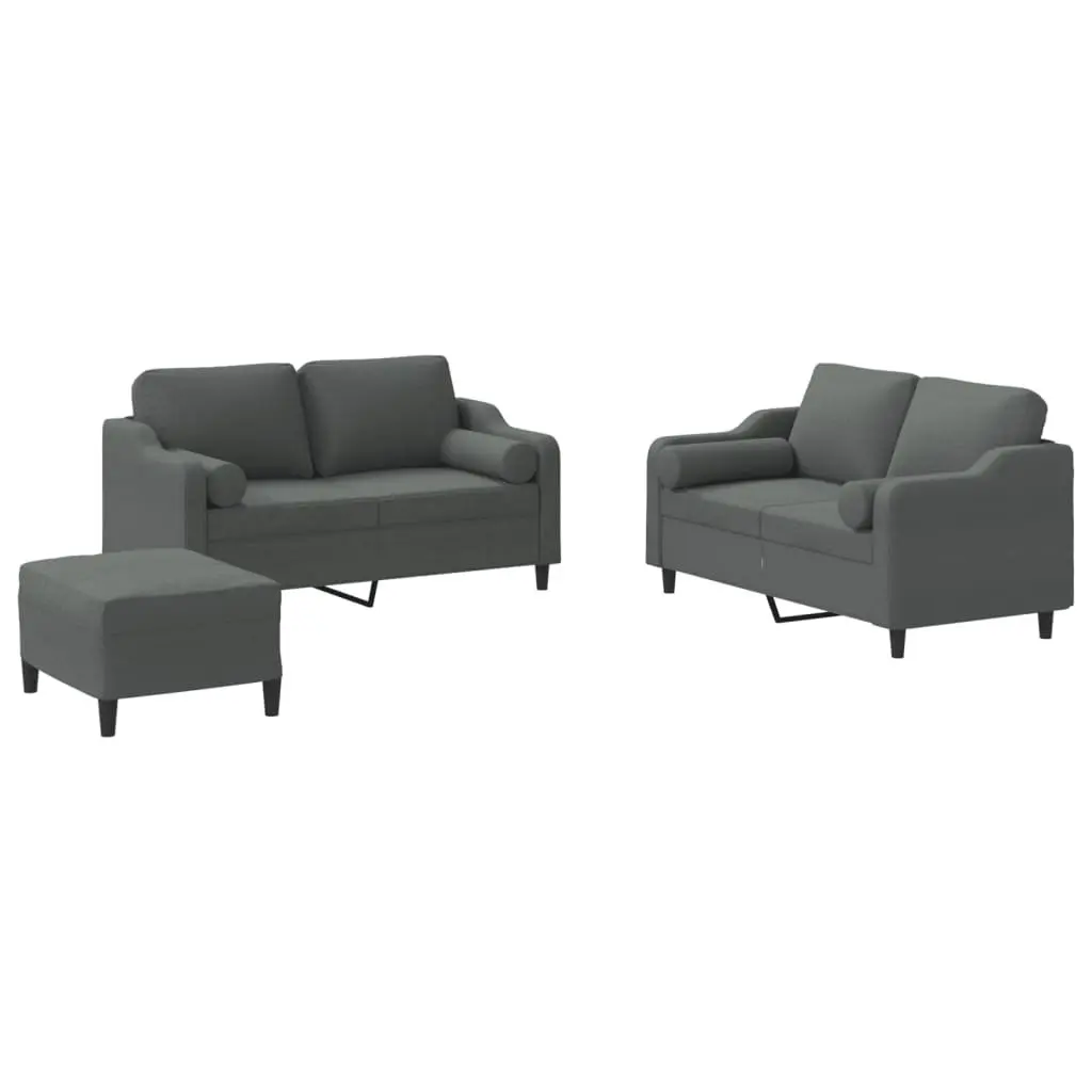 3 Piece Grey Fabric Sofa Set with Padded Armrests Cylinder Pillows Footstool