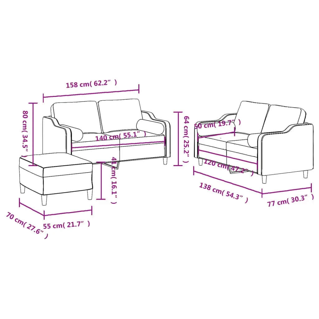 3 Piece Grey Fabric Sofa Set with Padded Armrests Cylinder Pillows Footstool