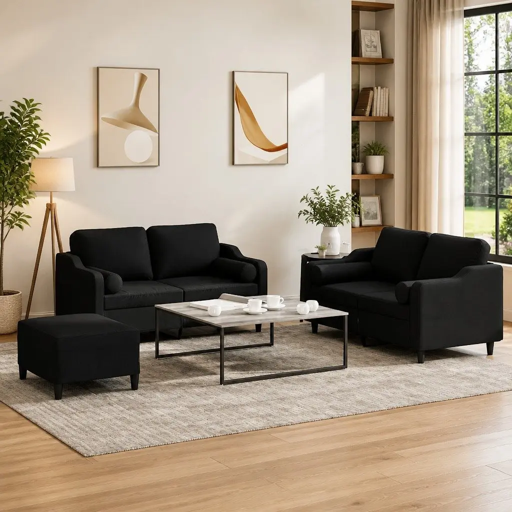 Black Fabric 3 Piece Sofa Set Compact Lounge Suite for Living Room with Pillows and Footstool