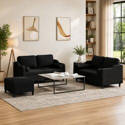 Comfortable 3 Piece Black Fabric Sofa Set with Pillows