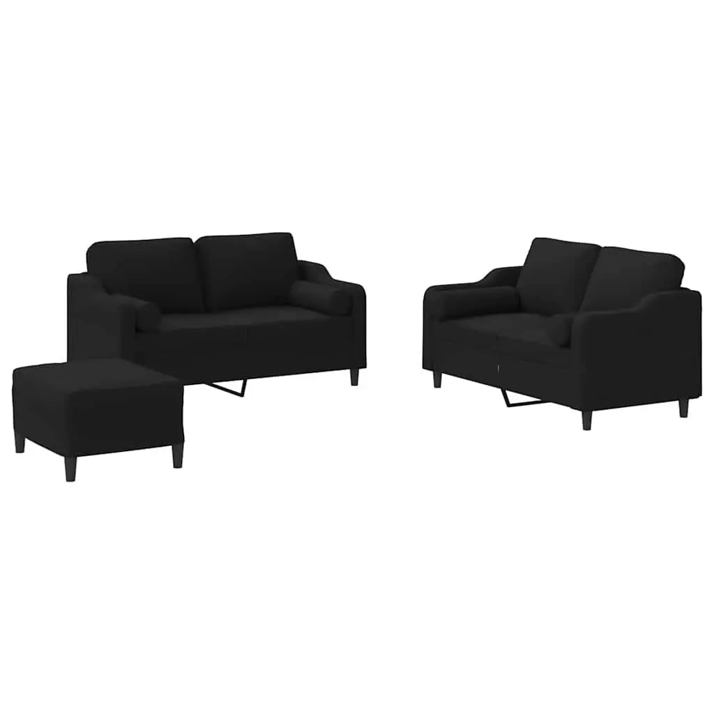 Black Fabric 3 Piece Sofa Set Compact Lounge Suite for Living Room with Pillows and Footstool