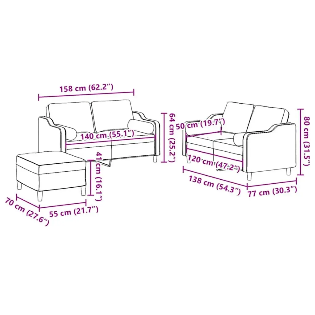 Black Fabric 3 Piece Sofa Set Compact Lounge Suite for Living Room with Pillows and Footstool