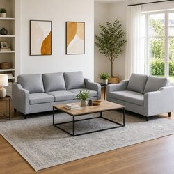 Comfortable 2 Piece Grey Fabric Sofa Set