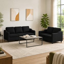 Cozy 2 Piece Sofa Set with Cushions in Black Fabric