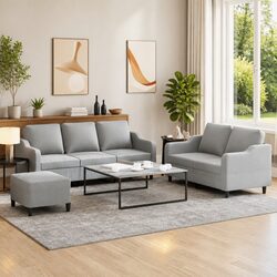 3 Piece Grey Fabric Sofa Set with Cushions and Footstool