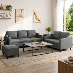 Comfortable 3 Piece Grey Sofa Set with Cushions