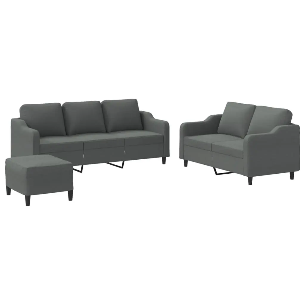 3 Piece Sofa Set Grey Fabric Couch with Cushions Footstool