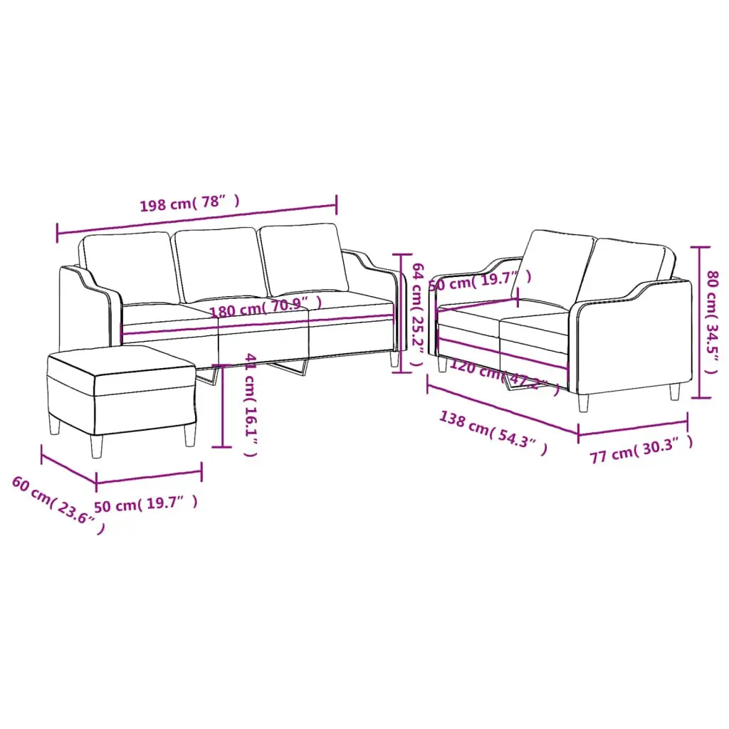 3 Piece Sofa Set Grey Fabric Couch with Cushions Footstool