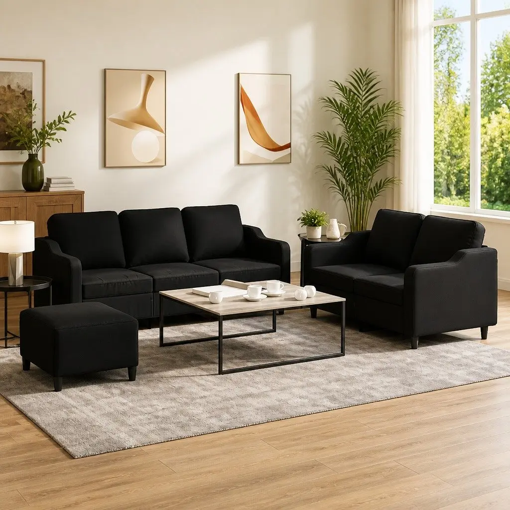3 Piece Lounge Suite Set Black Fabric Sofa with Footstool for Living Room